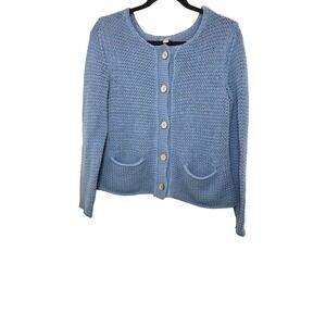 J. Jill Blue Knit Button Front Crochet Cardigan Grand Sweater Pockets Women's L